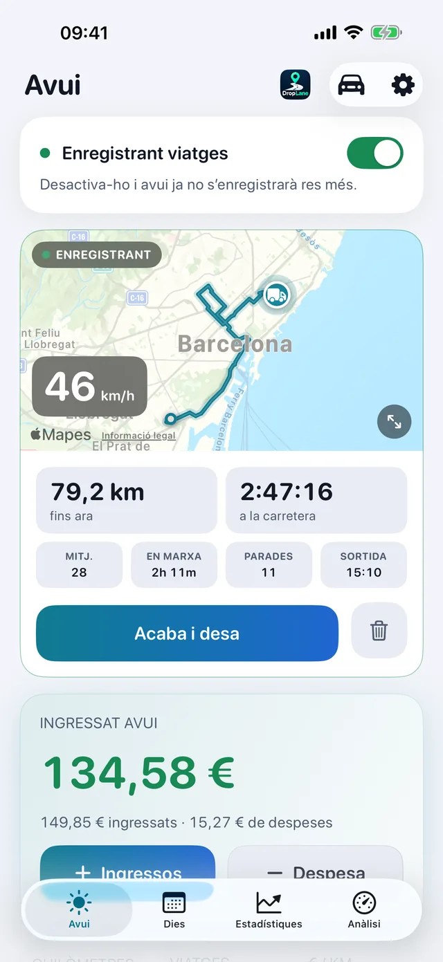 La pantalla Avui: el viatge registrant-se i els ingressos d'avui.