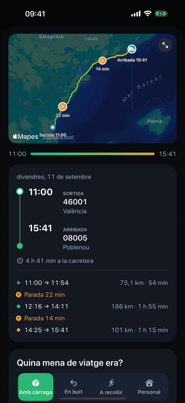 Tipus de viatge — Amb càrrega, buit, cap a una recollida o personal.
