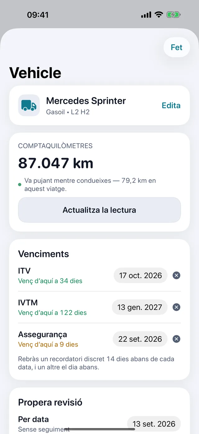 Vehicle — ITV, impost de circulació, assegurança — abans que vencin.