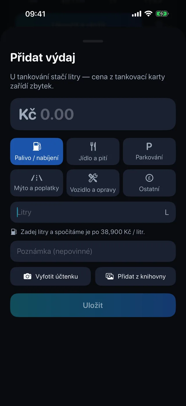 Náklady — Palivo, jídlo, parkování, mýto.
