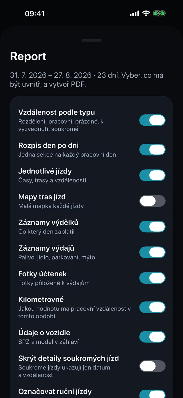 Report se postaví sám — Zaškrtni, co má být uvnitř, vyber na výšku nebo na šířku — a PDF pro účetní je připravené k odeslání.