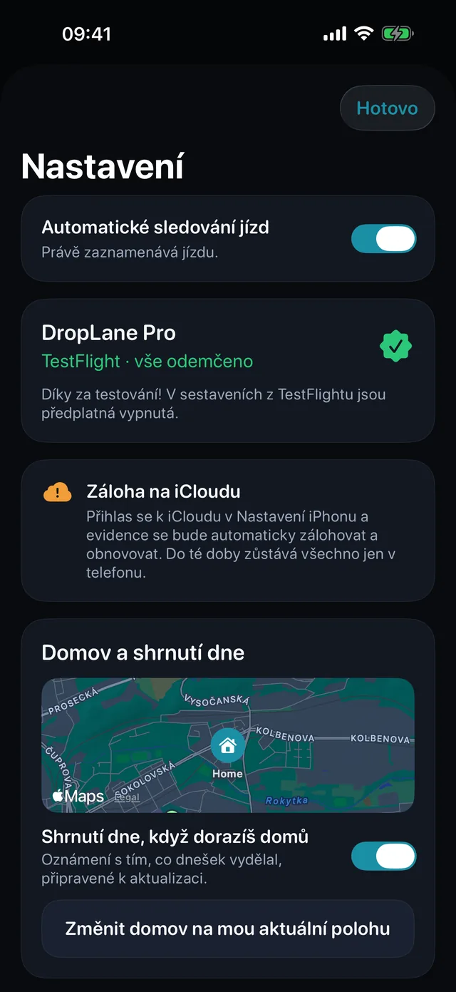 Nastavení — Kilometry, nebo míle. Světlé, nebo tmavé.