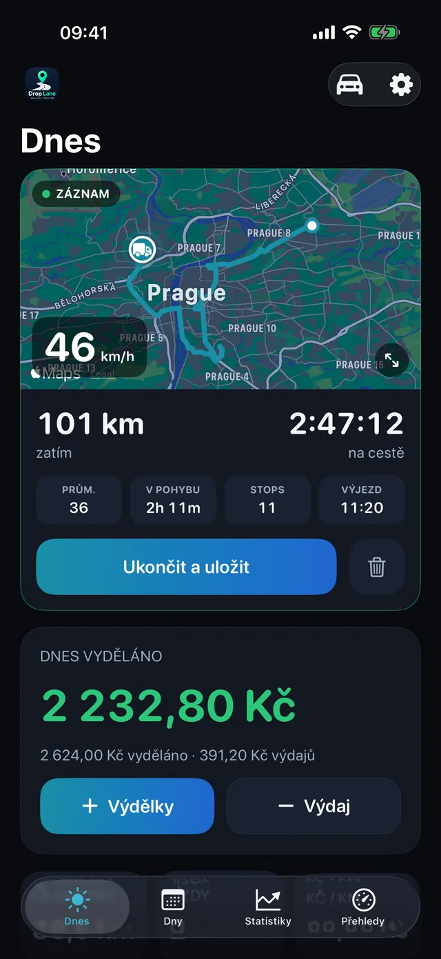 Obrazovka Dnes v DropLane: jízda se nahrává na mapě, s denní vzdáleností, hodinami a tržbami.