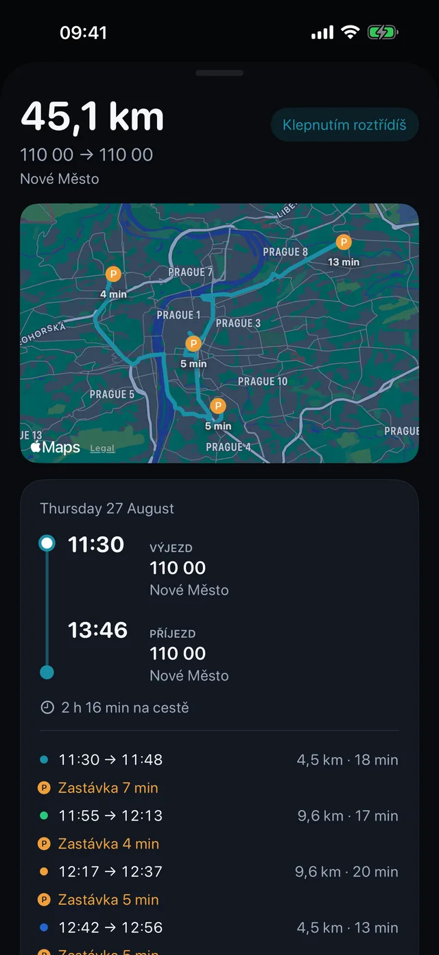 Jedna jízda — Časy, zastávky a jaké to byly kilometry.