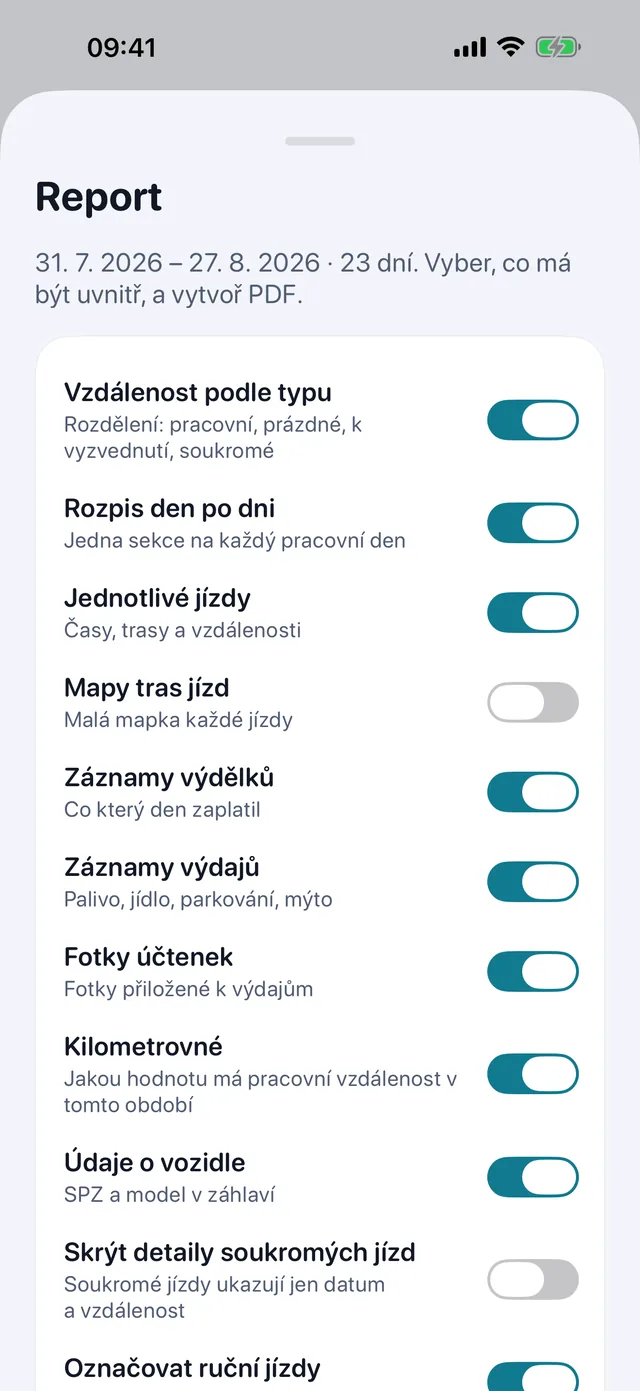 Report se postaví sám — Zaškrtni, co má být uvnitř, vyber na výšku nebo na šířku — a PDF pro účetní je připravené k odeslání.