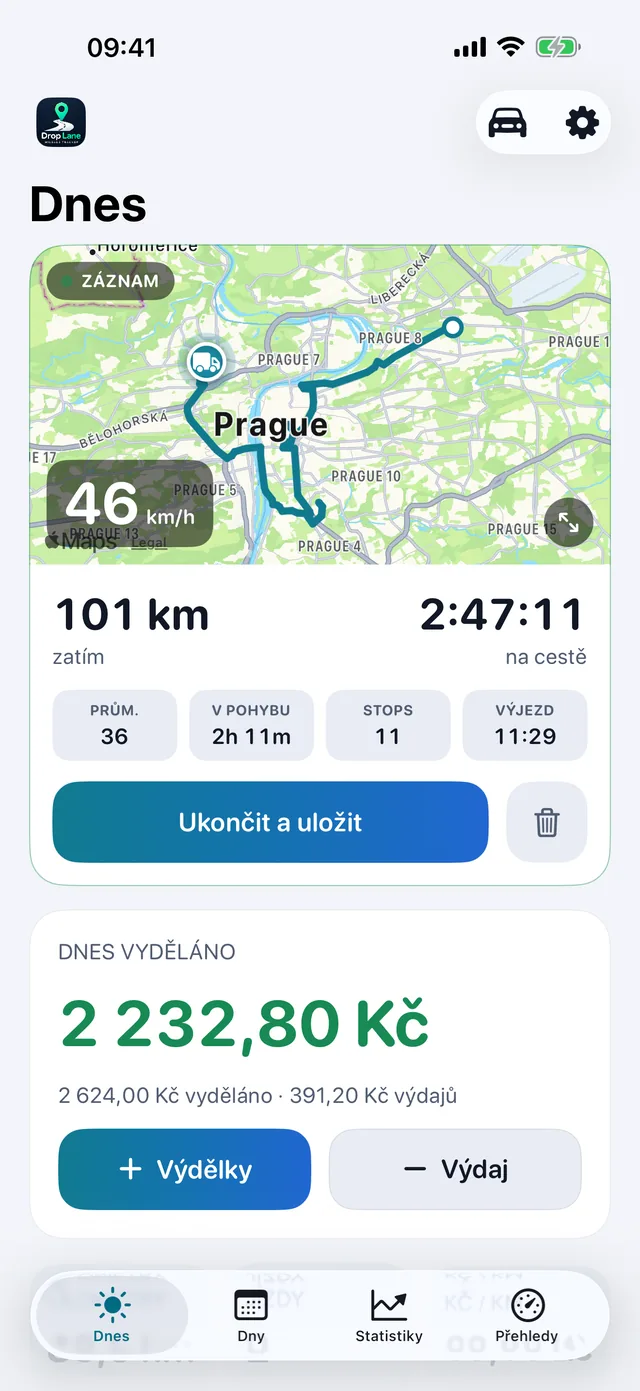 Obrazovka Dnes v DropLane: jízda se nahrává na mapě, s denní vzdáleností, hodinami a tržbami.