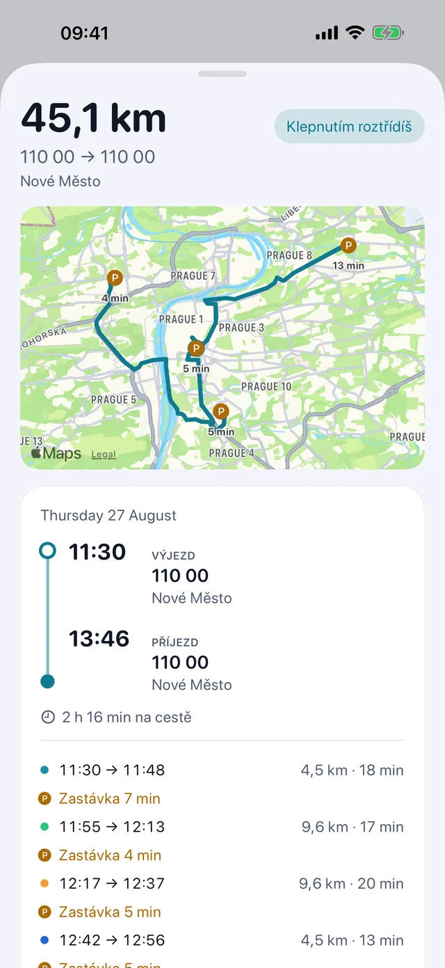 Jedna jízda — Časy, zastávky a jaké to byly kilometry.