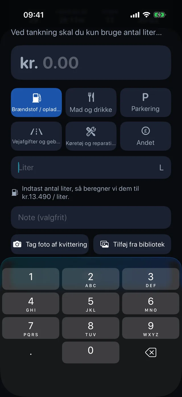 Udgifter — Brændstof, mad, parkering, broafgift.