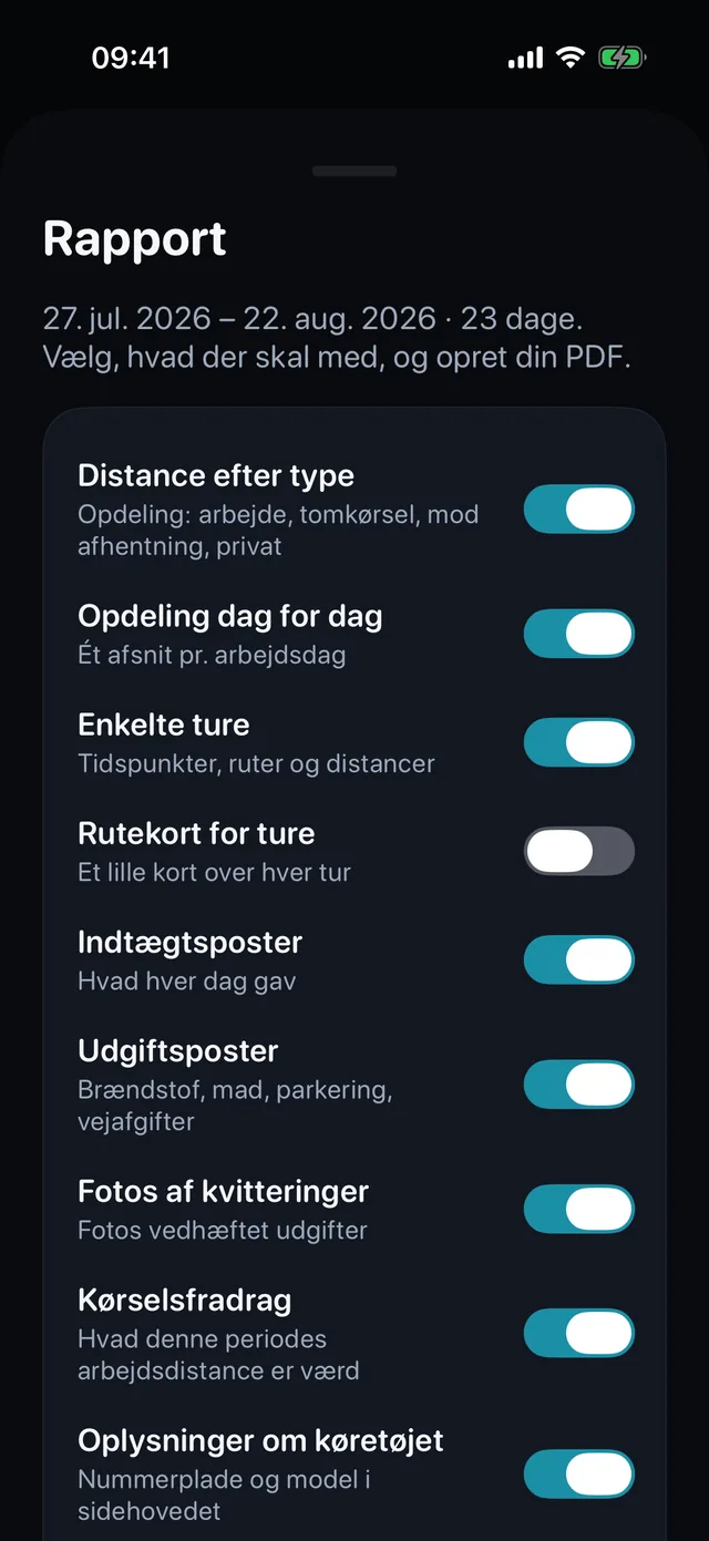 Rapportkortet: kontakter for ture, indtægter, udgifter og kvitteringsfotos, og så PDF'en.