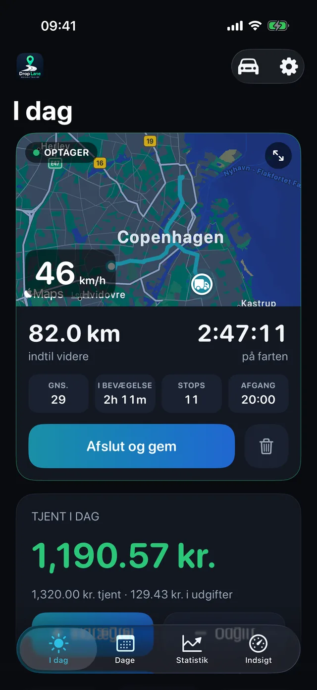 DropLanes I dag-skærm: en tur registreres på kortet, med dagens distance, timer og indtjening.