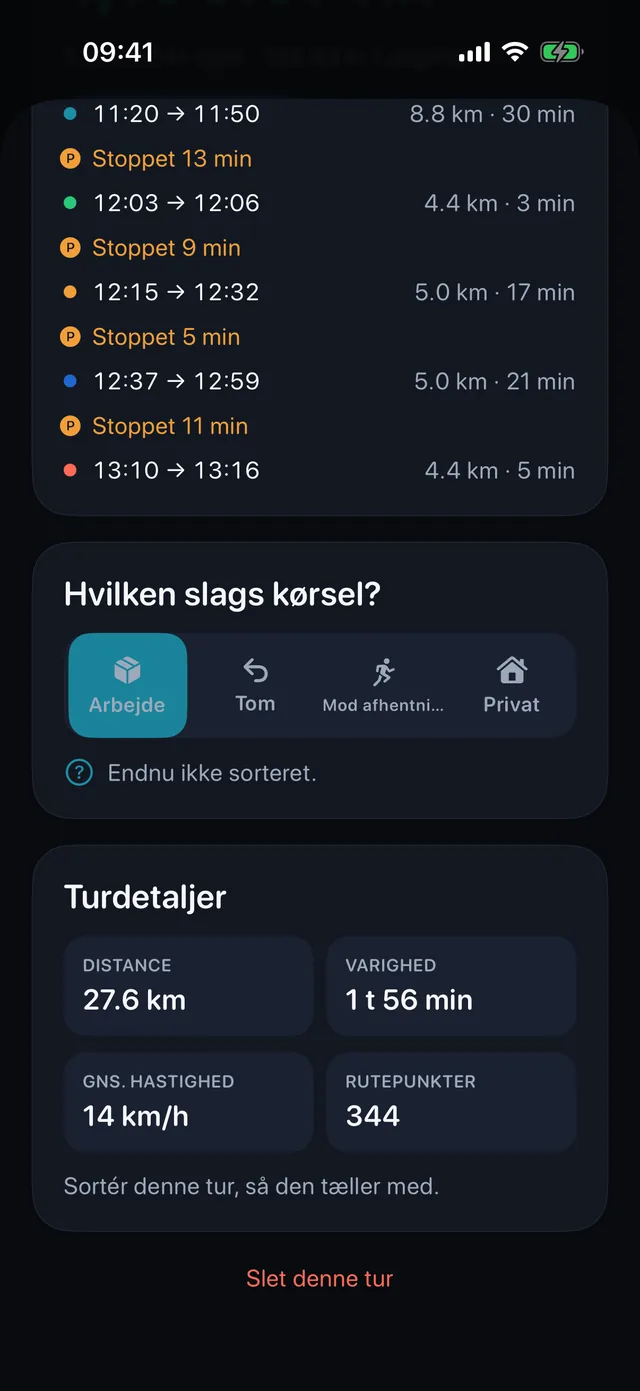 Sortér en tur — Arbejde, tomkørsel, afhentning eller privat.