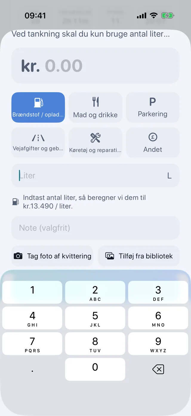 Udgifter — Brændstof, mad, parkering, broafgift.
