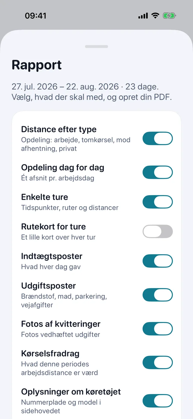 Rapportkortet: kontakter for ture, indtægter, udgifter og kvitteringsfotos, og så PDF'en.
