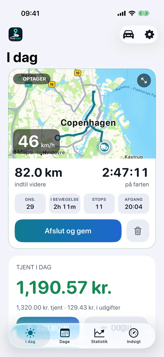 DropLanes I dag-skærm: en tur registreres på kortet, med dagens distance, timer og indtjening.