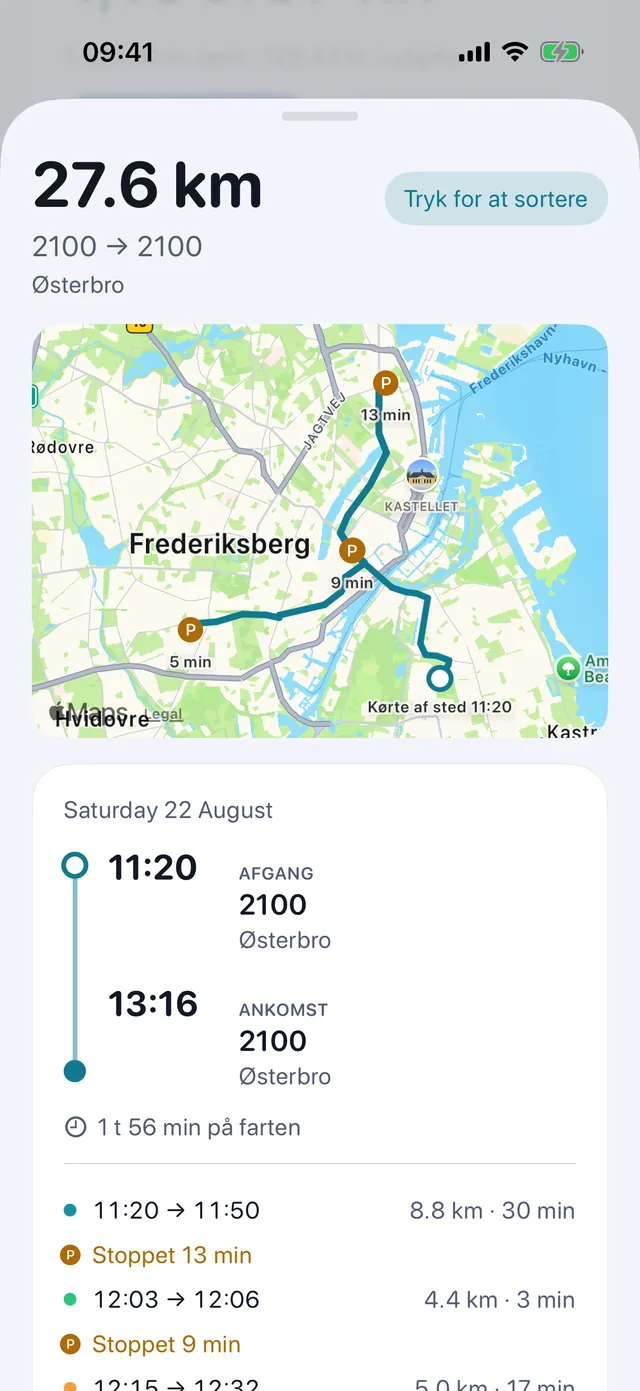 Én tur — Tider, stop og hvilken slags kørsel.