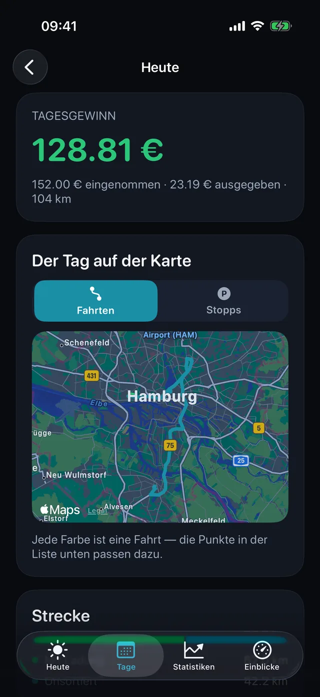 Der Tag auf der Karte — Jede Farbe ist eine Fahrt.