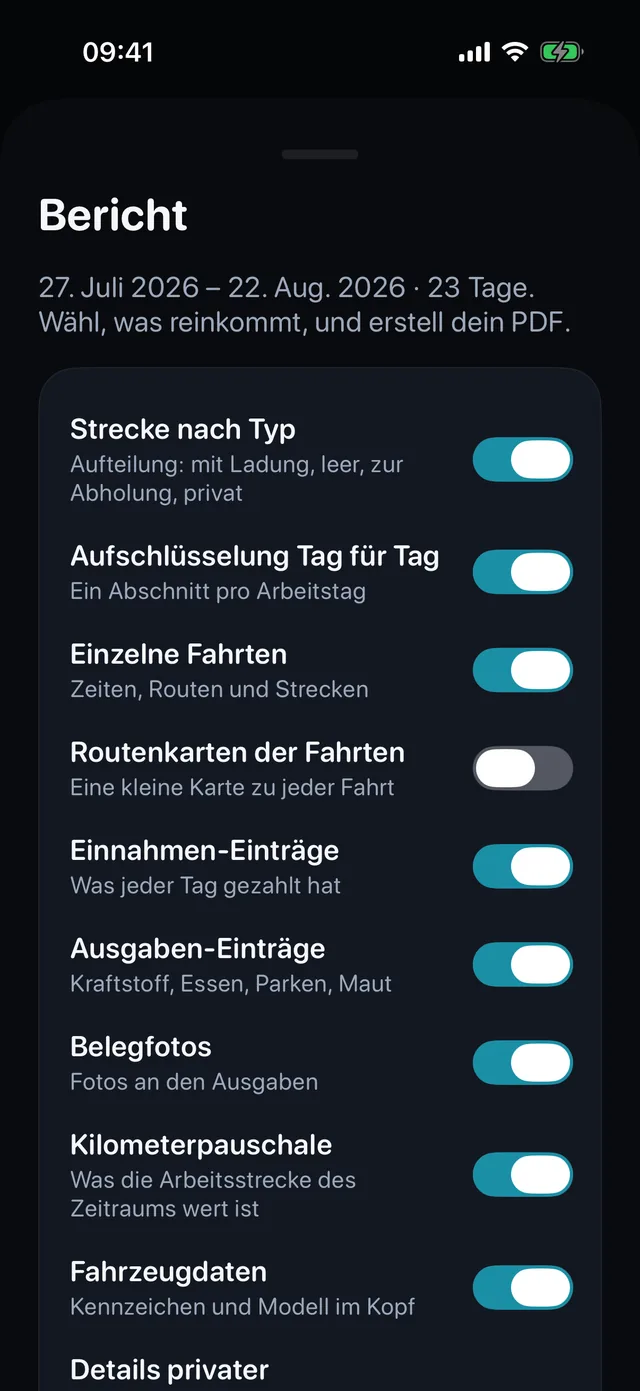 Die Berichtskarte: Schalter für Fahrten, Einnahmen, Ausgaben und Belegfotos, dann das PDF.