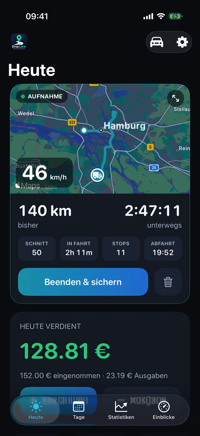 Der Heute-Screen von DropLane: eine Fahrt wird auf der Karte aufgezeichnet, mit Strecke, Stunden und Einnahmen des Tages.