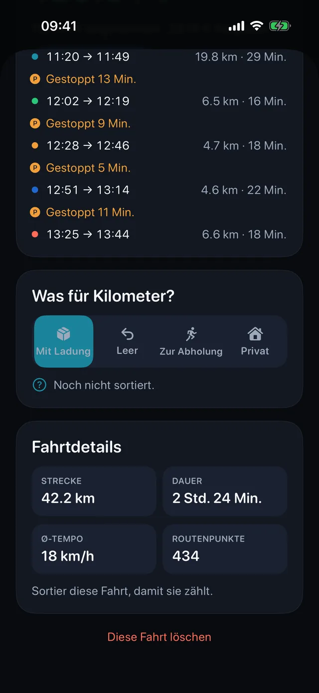 Fahrt sortieren — Geschäftlich, leer, zur Abholung oder privat.