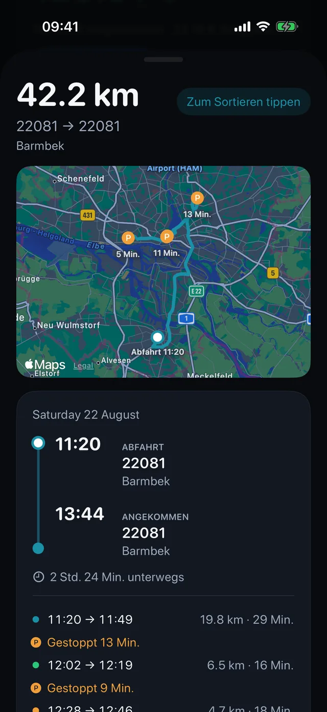 Eine Fahrt — Zeiten, Stopps und welche Art Kilometer.