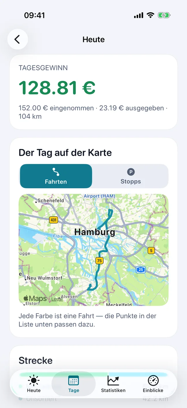 Der Tag auf der Karte — Jede Farbe ist eine Fahrt.