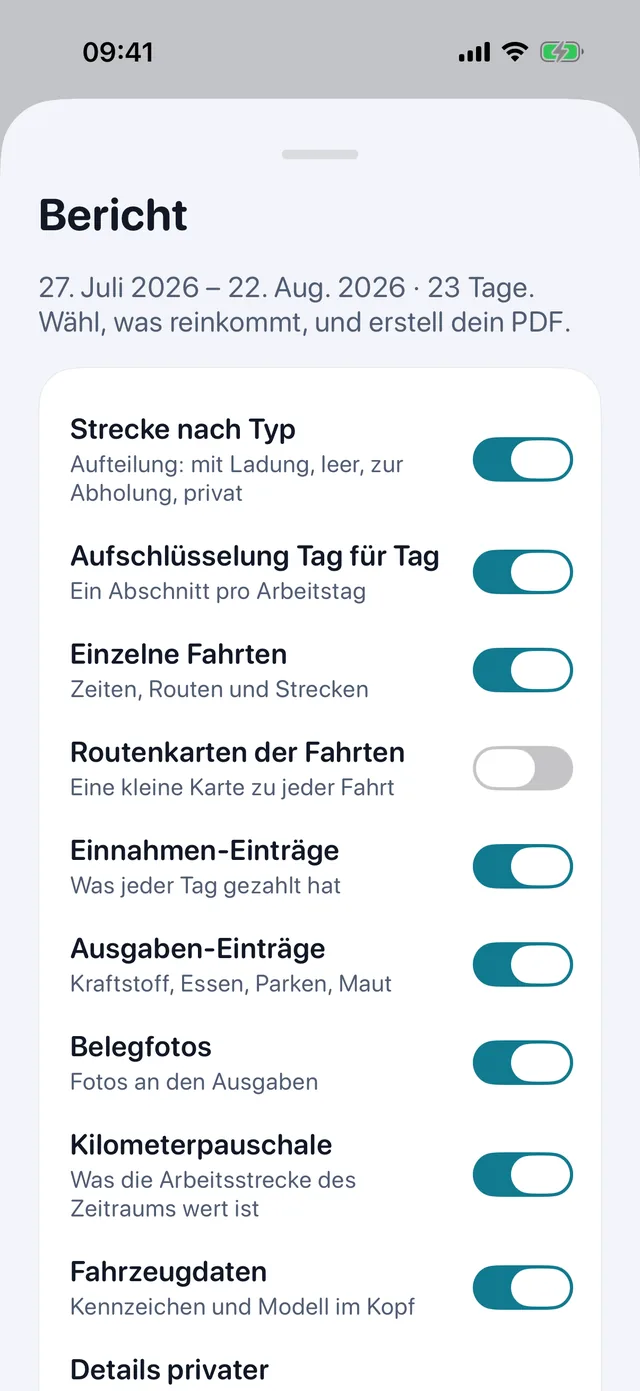 Die Berichtskarte: Schalter für Fahrten, Einnahmen, Ausgaben und Belegfotos, dann das PDF.