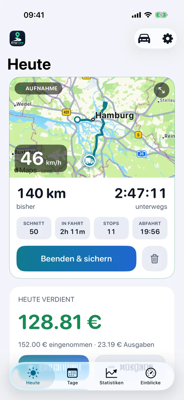 Der Heute-Screen von DropLane: eine Fahrt wird auf der Karte aufgezeichnet, mit Strecke, Stunden und Einnahmen des Tages.