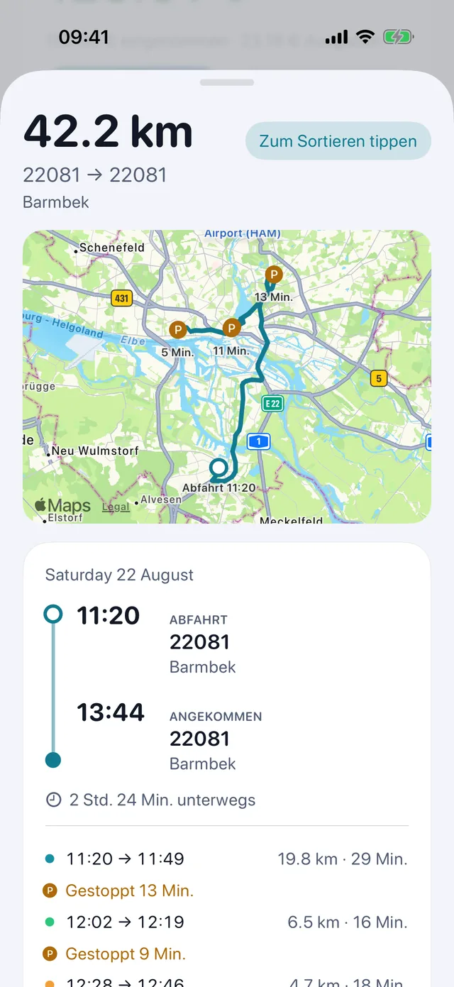 Eine Fahrt — Zeiten, Stopps und welche Art Kilometer.