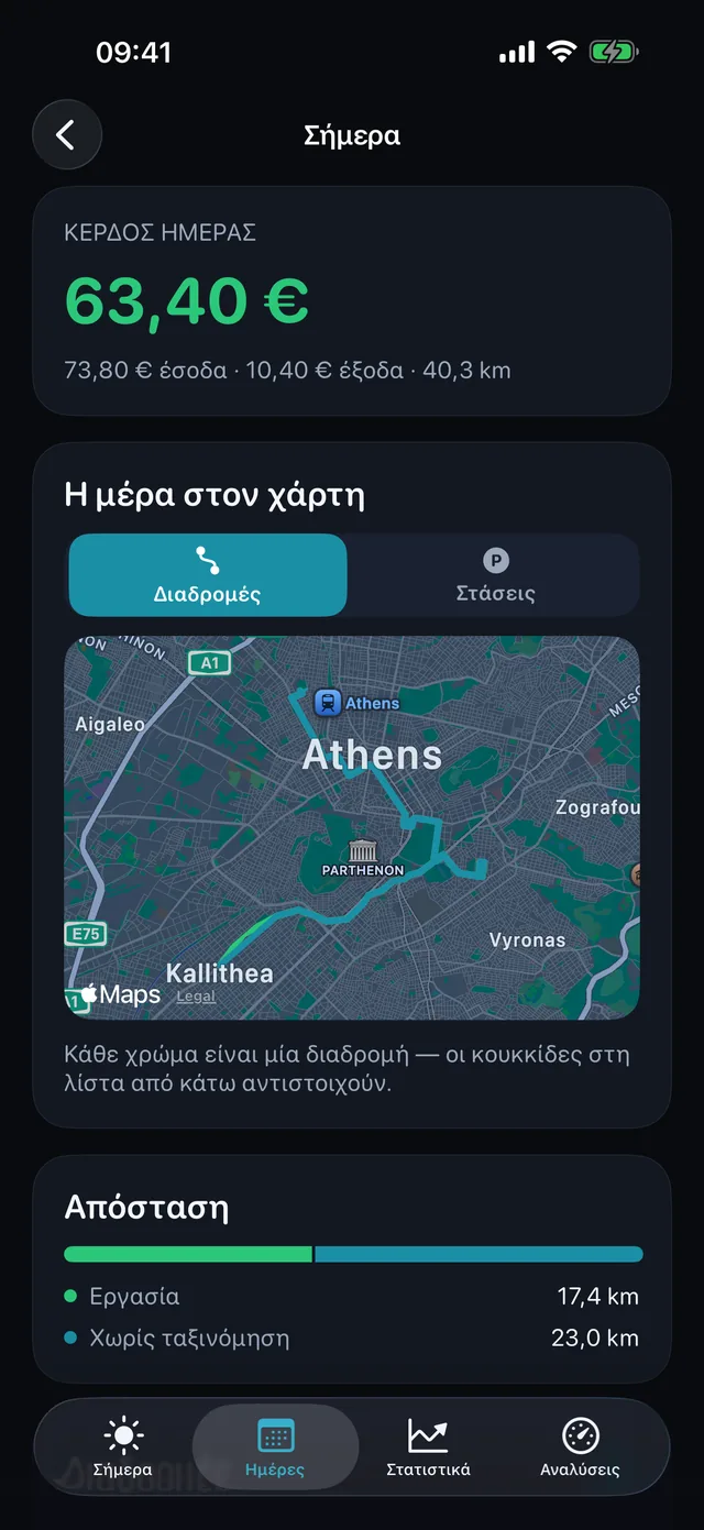 Η μέρα στον χάρτη — Κάθε χρώμα είναι μία διαδρομή.