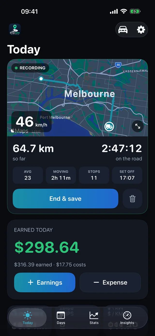 The DropLane Today screen: a drive recording on the map, with the day's distance, hours and takings.
