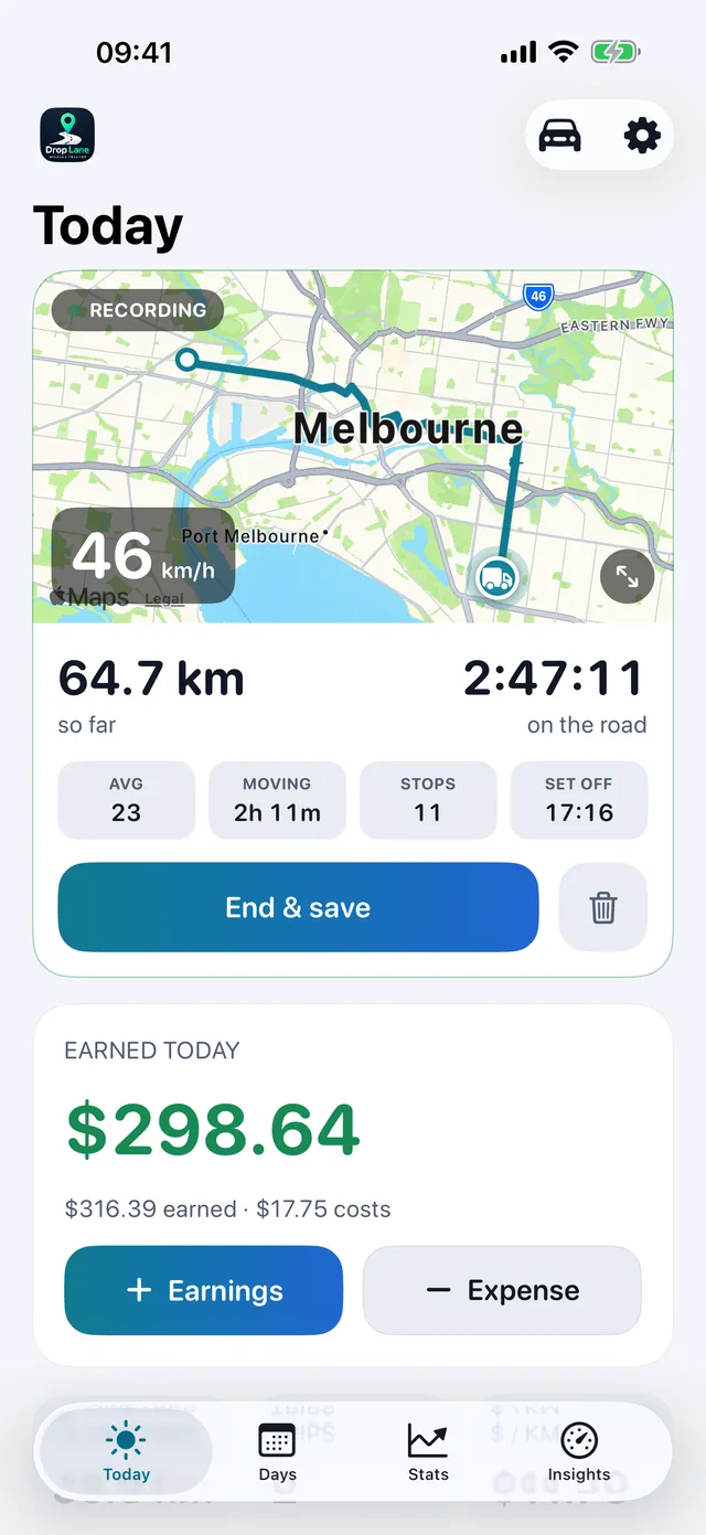The DropLane Today screen: a drive recording on the map, with the day's distance, hours and takings.
