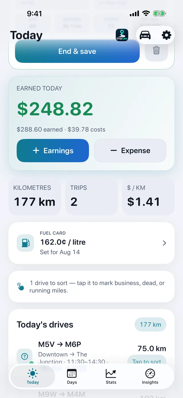 Earned today — Takings minus costs, net.