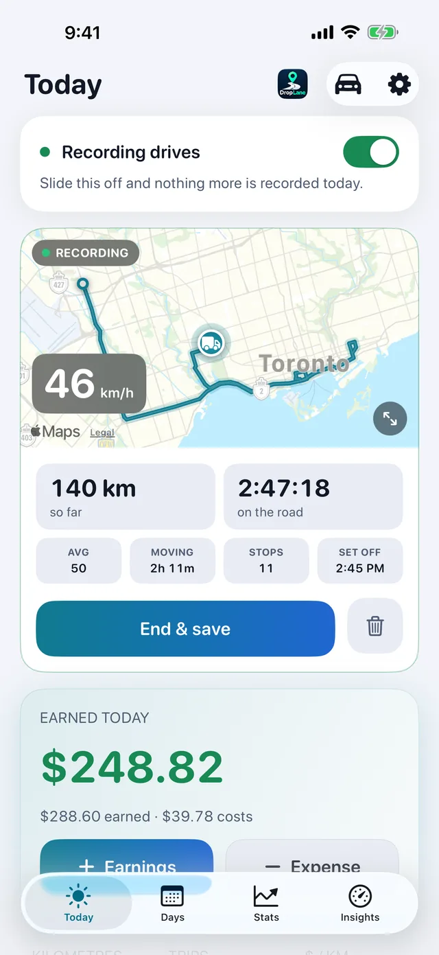 The Today screen: the drive recording and today's earnings.