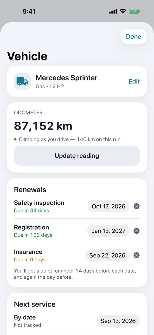 Vehicle — Inspection, registration, insurance — before they bite.