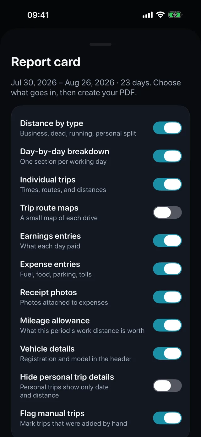 The report builds itself — Tick what goes in, pick portrait or landscape, and the PDF for the accountant is ready to send.