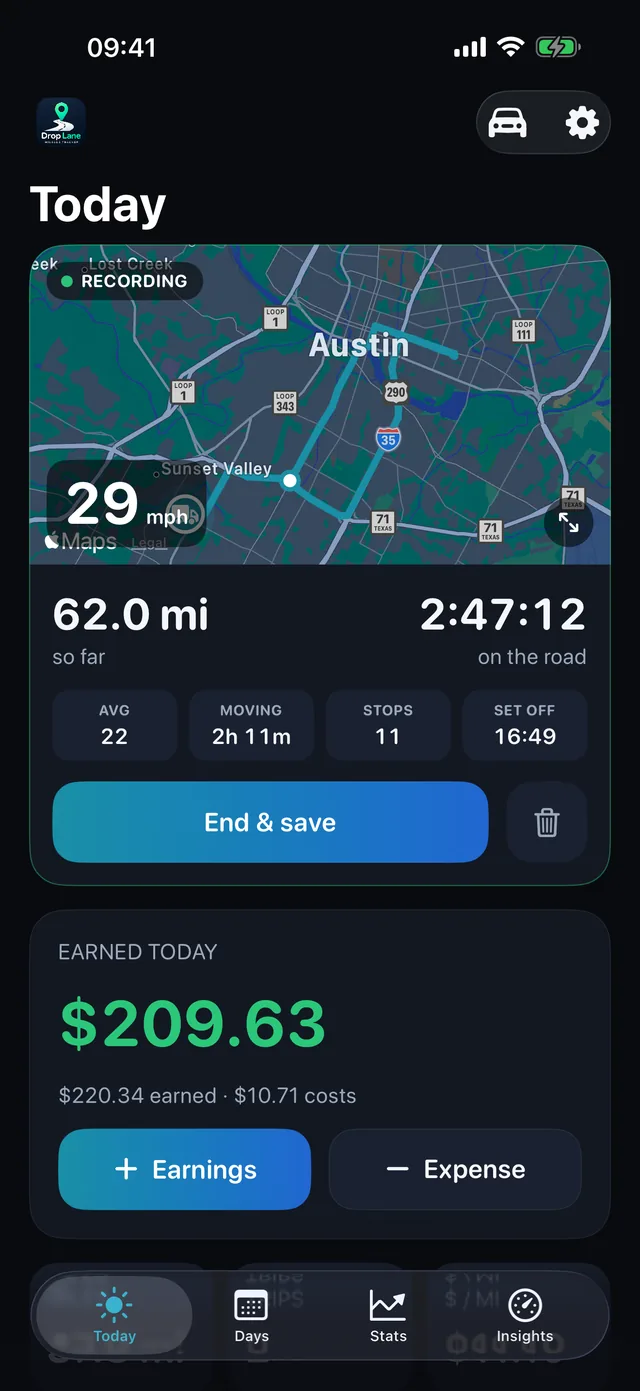 The DropLane Today screen: a drive recording on the map, with the day's distance, hours and takings.