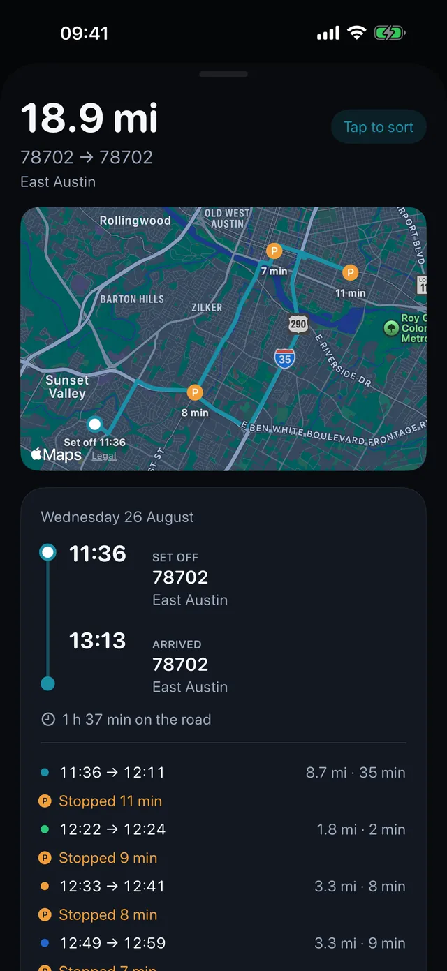 One drive — Times, stops, and what kind of miles.