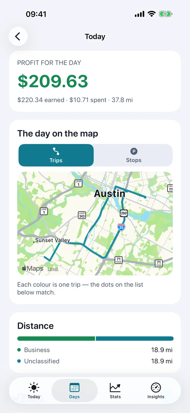 The day on the map — Each colour is one trip.