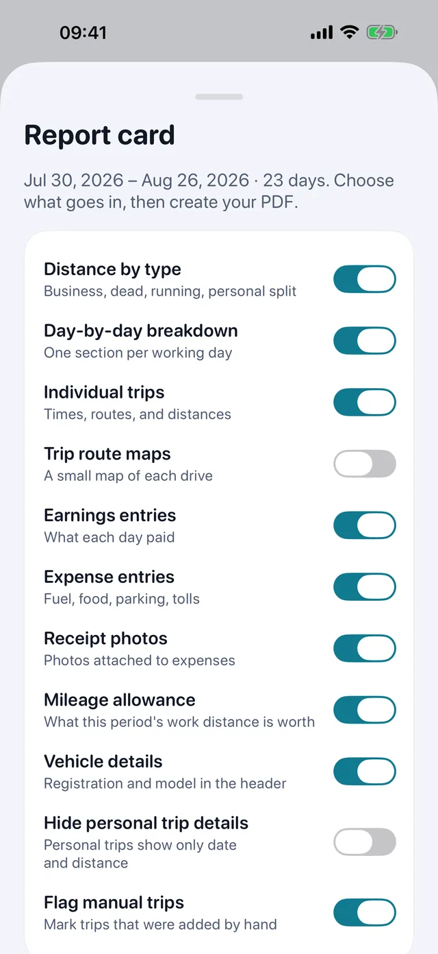 The report builds itself — Tick what goes in, pick portrait or landscape, and the PDF for the accountant is ready to send.