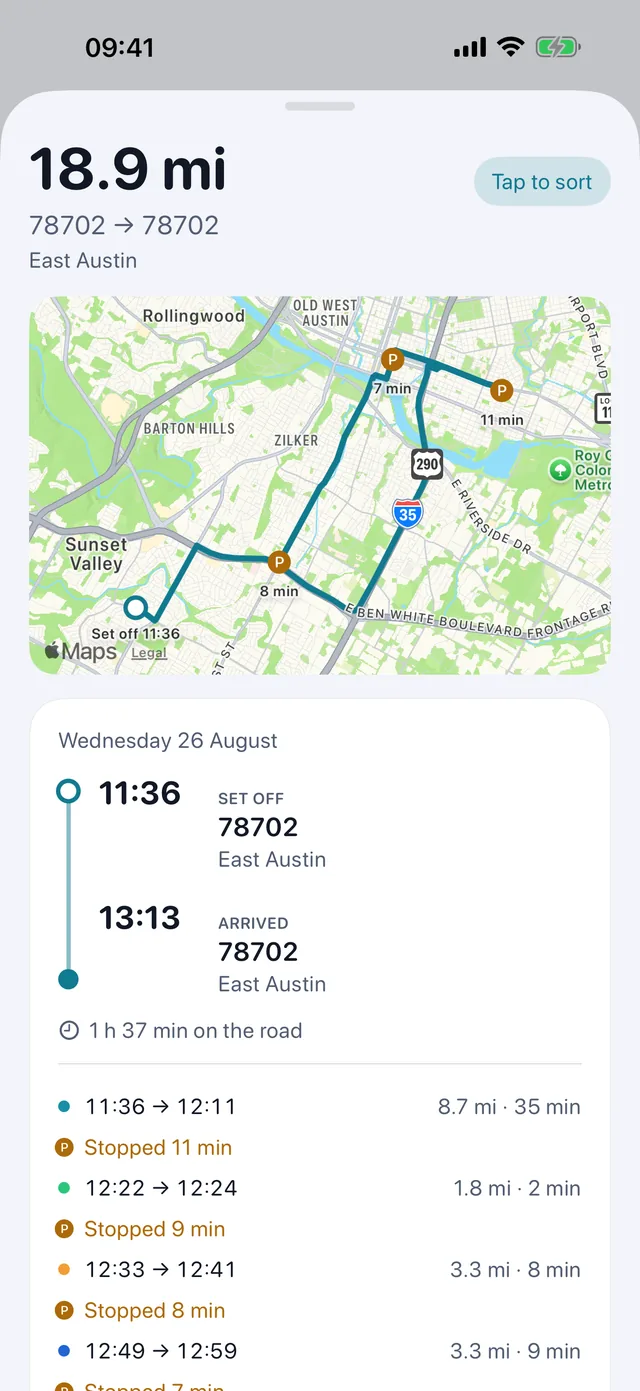 One drive — Times, stops, and what kind of miles.