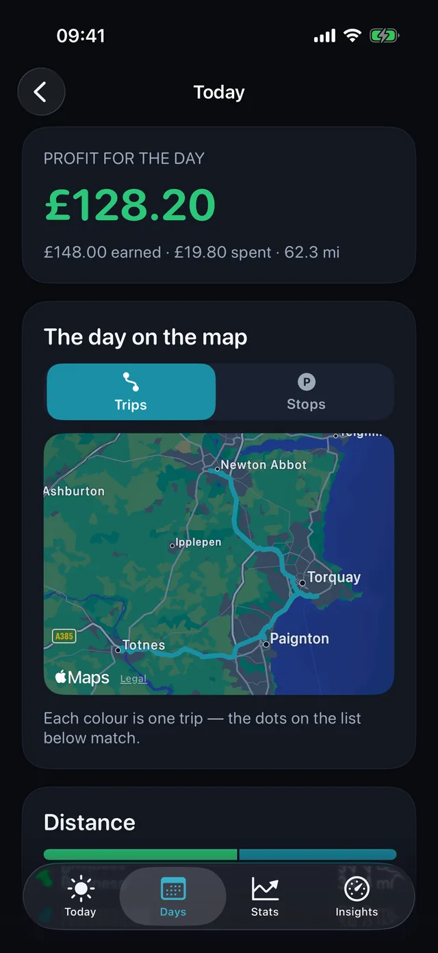 The day on the map — Each colour is one trip.