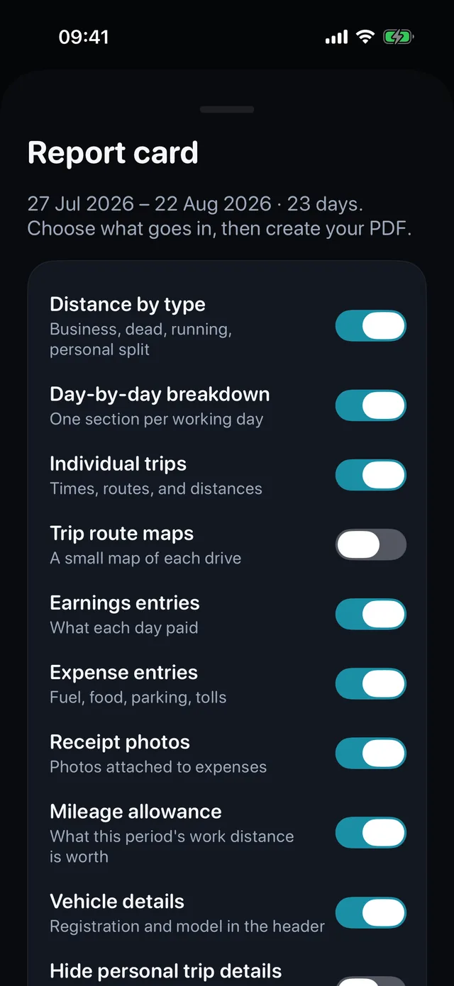 The report card: switches for trips, earnings, expenses and receipt photos, then the PDF.