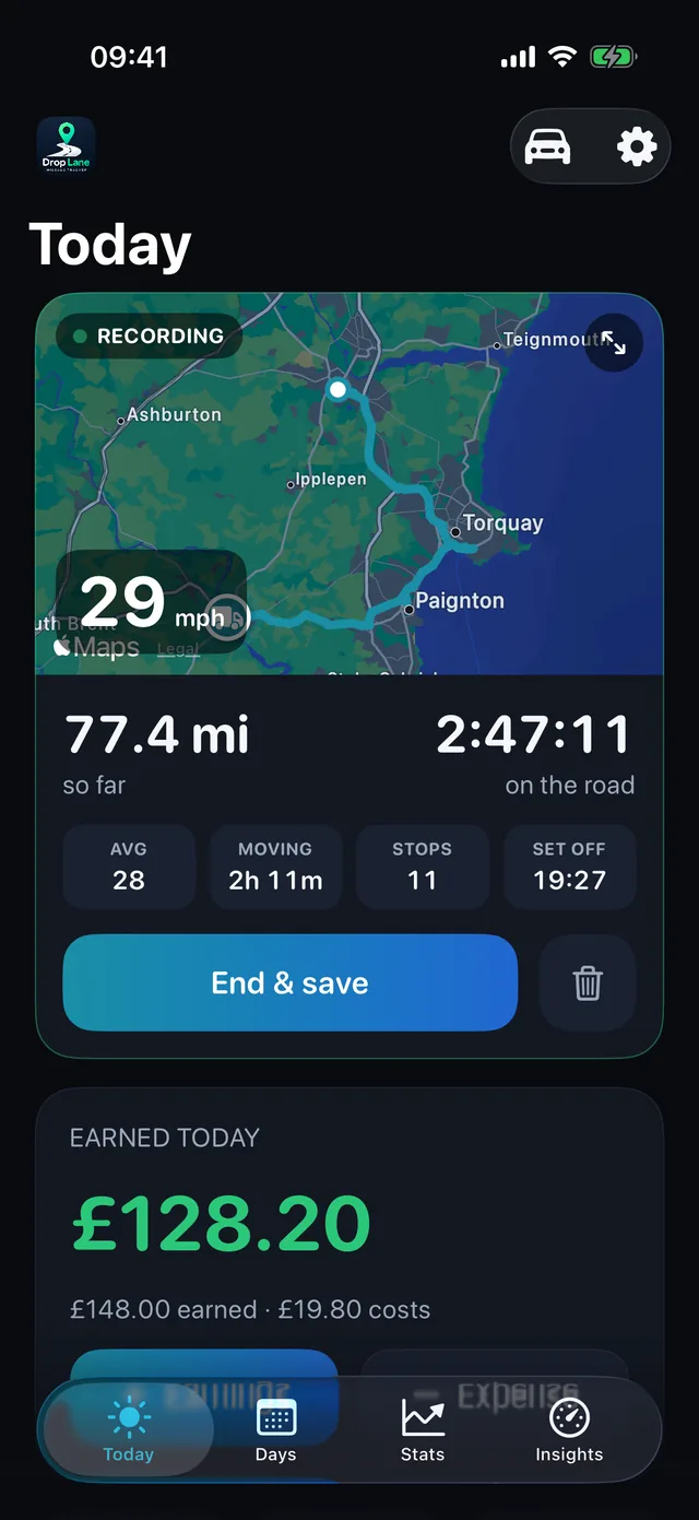 The DropLane Today screen: a drive recording on the map, with the day's distance, hours and takings.