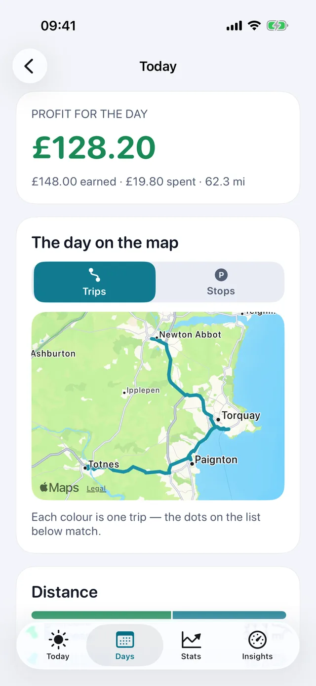 The day on the map — Each colour is one trip.