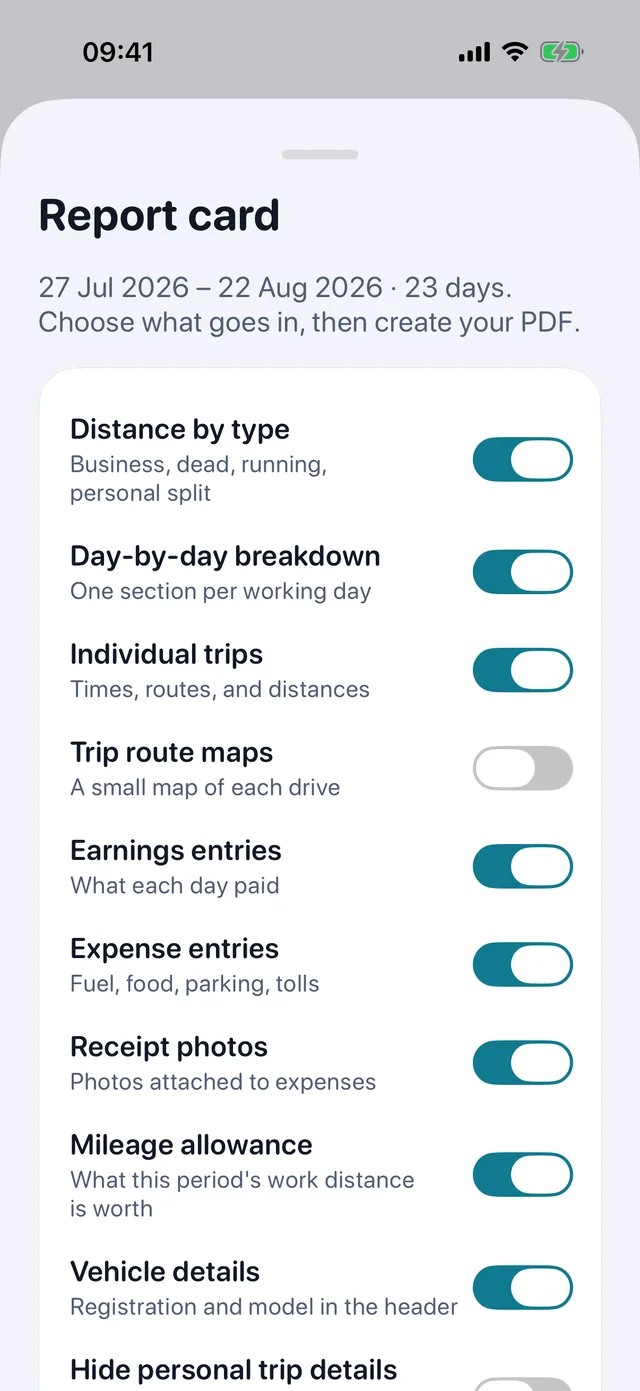 The report card: switches for trips, earnings, expenses and receipt photos, then the PDF.