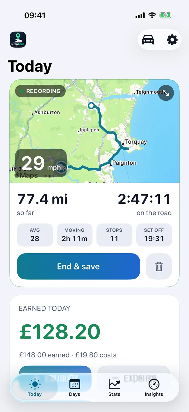 The DropLane Today screen: a drive recording on the map, with the day's distance, hours and takings.