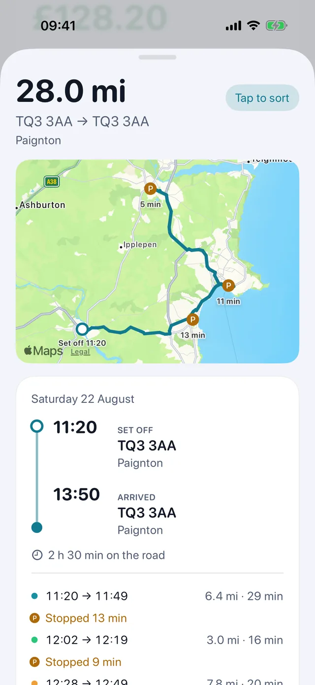 One drive — Times, stops, and what kind of miles.