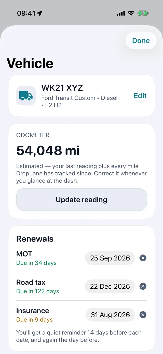 Vehicle — MOT, tax and insurance, before they bite.