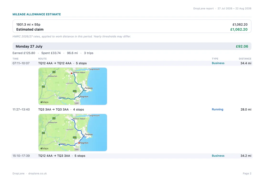 The first page of a DropLane report in landscape, with the wider trips table.