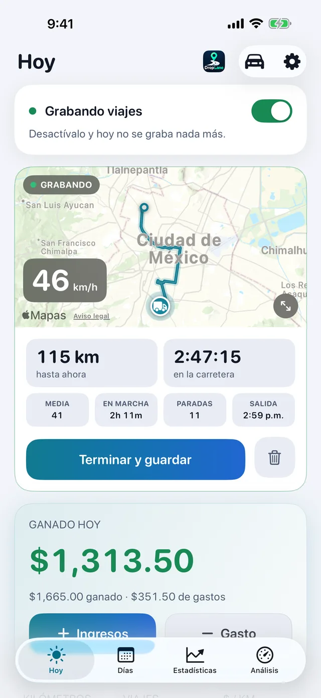 La pantalla Hoy: el trayecto grabándose y lo ganado hoy.